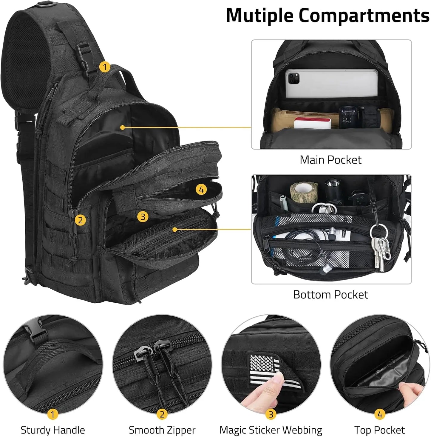 Tactical Sling Bag for Men, Detachable Molle Backpack with Bottle Holder, Hidden Pocket, EDC Hiking Daypack, Black