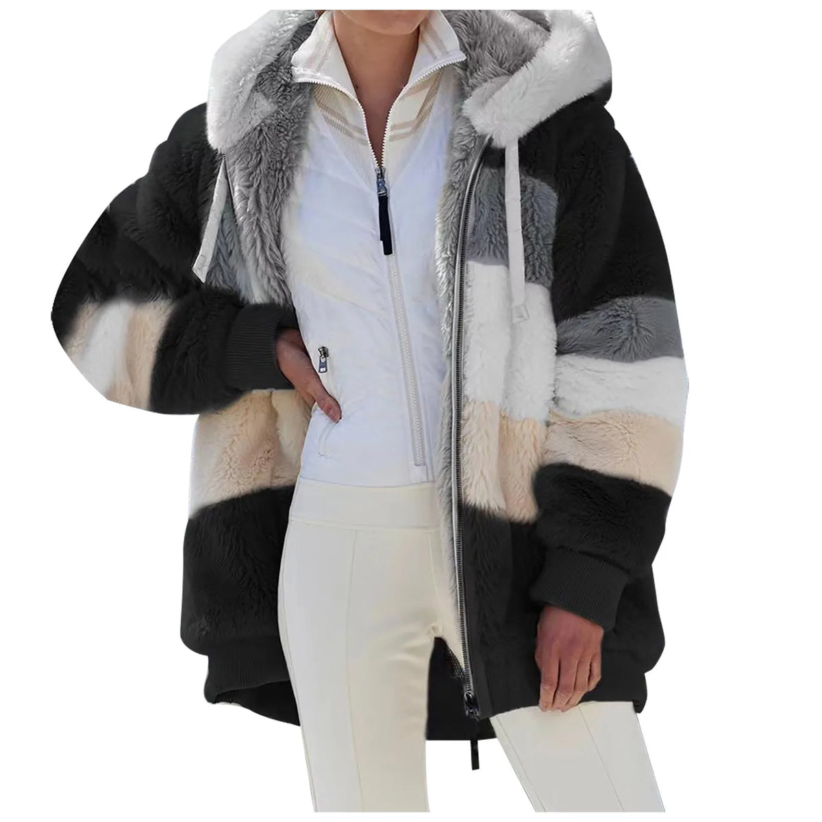 Women's Plaid Quilted Hooded Plush Jacket With Zipper Pockets