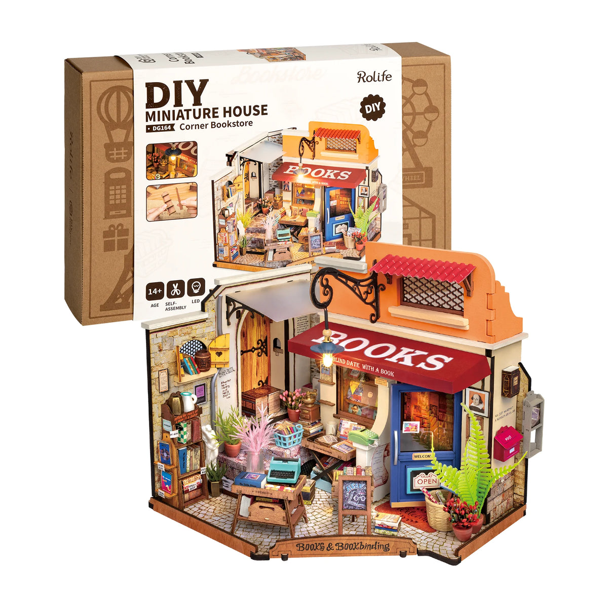 Rolife Wooden Dollhouse 3D Puzzle Toys Corner Bookstore DIY Miniature House Model Building Kit with LED Light for Home Decor Birthday Gift for Adults Friends
