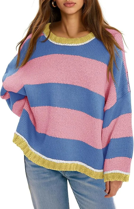 Fisoew Womens Oversized Sweaters Casual Long Sleeve Striped Color Block Crewneck Knitted Loose Fall Pullover Tops