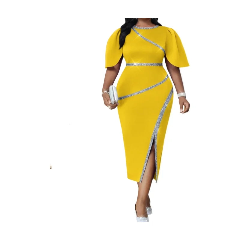 Women's Round Neck Flutter Sleeve Diagonal Decor Split Midi Bodycon Dress Big Size For Formal Dinner Wedding Guest Evening Party Fashion Occasions
