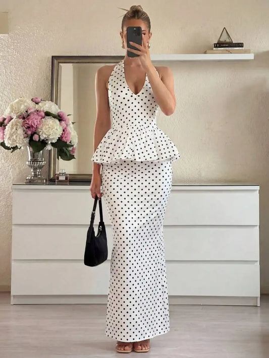 Womens Polka Dot Halter Peplum Top And Maxi Skirt 2-Piece Set Fashion Date Outfit
