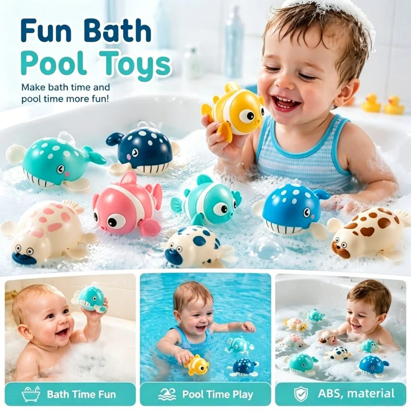5 Pack Wind‑Up Bath Toys, Swimming Clownfish & Seal Floating Water Toy, No Battery Bathtub Pool Play Set for Toddlers Baby Boys Girls 12M+