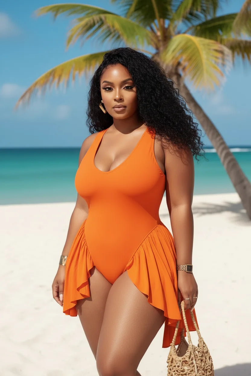 Women Plus Size V Neck Ruffle Skirt One Piece Swimsuit Elegant Ruched Beach Swimwear For Summer Vacation Pool Party
