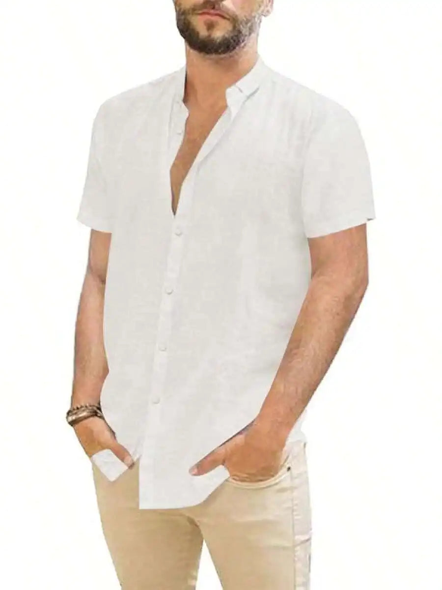 Mens Casual Linen Button Down Short Sleeve Shirt Beach Summer Spread Collar