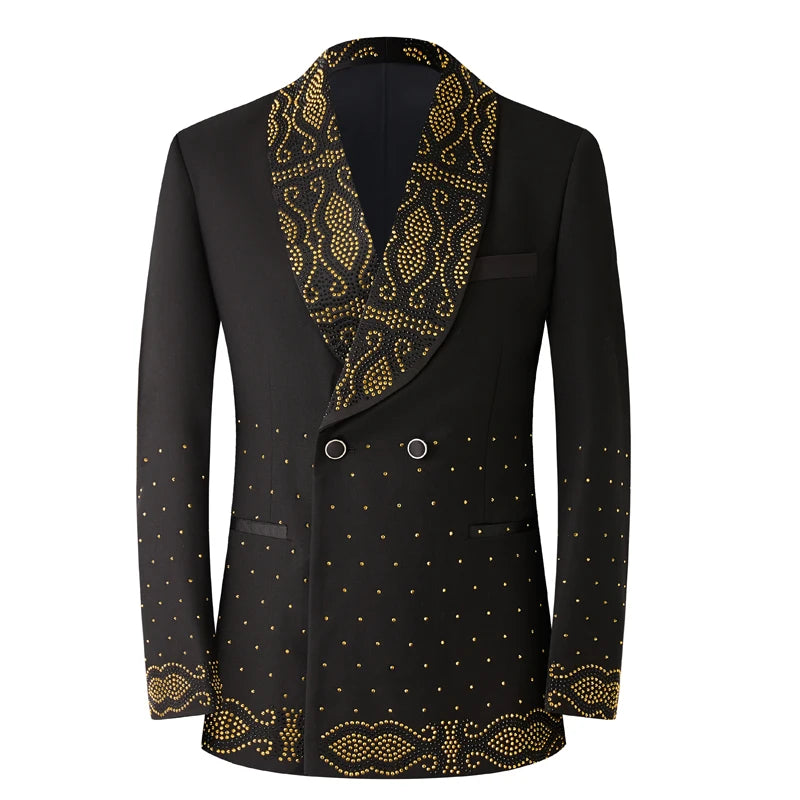 Men's 2‑Piece Tailored Paisley Rhinestone Tuxedo Suit Set‑ Slim Fit Shawl Lapel Long‑Sleeve Suit Jacket & Pants, Formal Outfit for Weddings & Parties