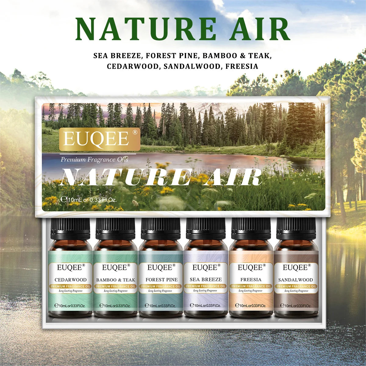 EUQEE 6 Bottle Fragrance Oils Gift Set For Soap Candle Making -10ml Freesia,Sea Breeze,Sandalwood,Cedarwood,Bamboo & Teak,Forest Pine Aroma Oil