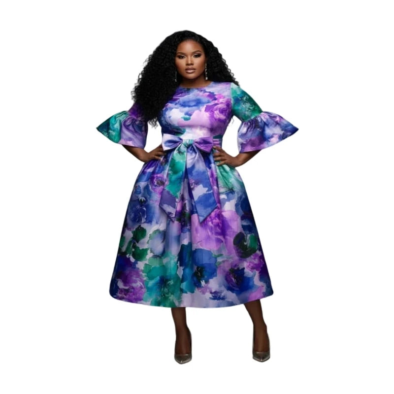 Plus Size Round Neck Flare Sleeve Bow Waist Midi Dress For Women Formal Party Banquet Wedding Guest A Line Swing Dress