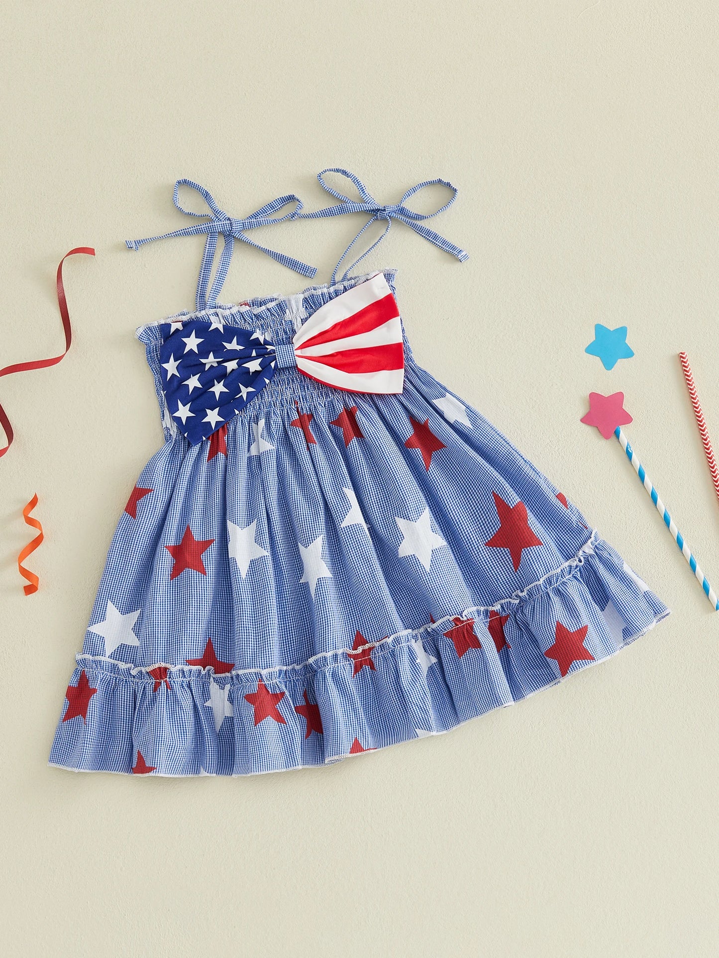 Girls Patriotic Sleeveless Dress With Star And Stripe Print Bow