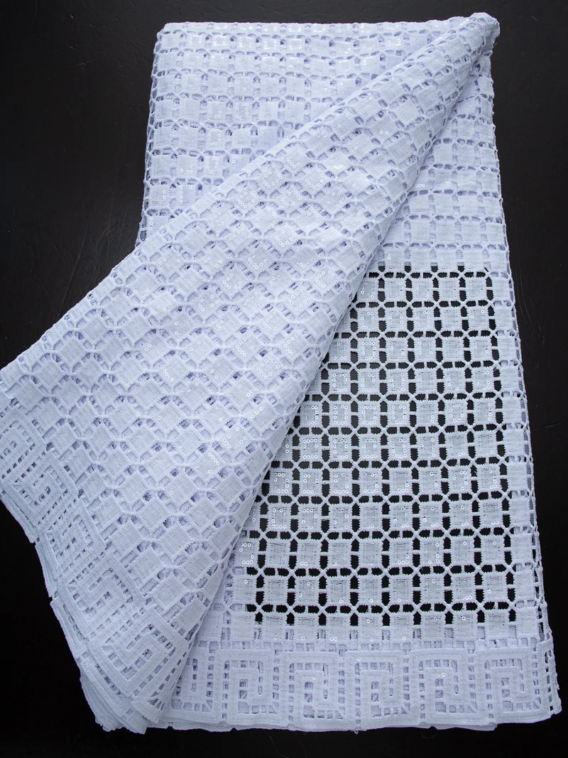 Pure White Nigerian Guipure Lace Fabric Water Soluble African Sequin Cord