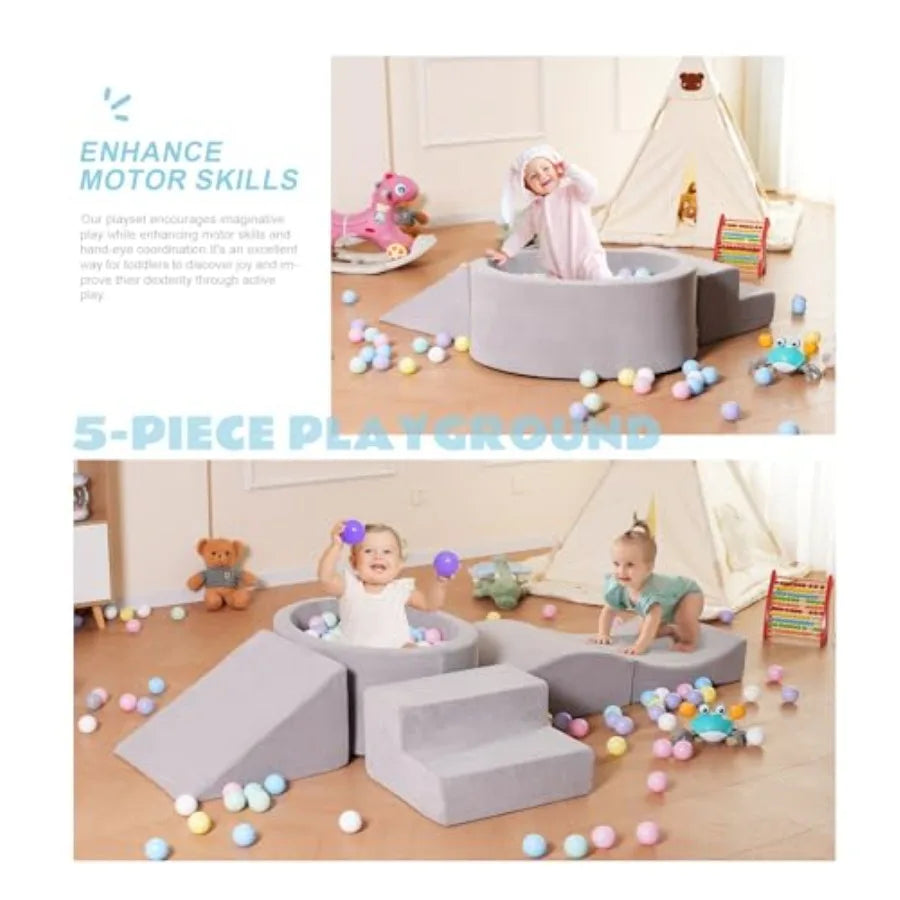 Foam Climbing Blocks with Ball Pit for Toddlers 1-3 Years - Indoor Crawling Active Play Set - Grey