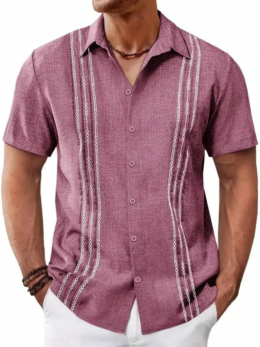 Mens Short Sleeve Button Up Shirt Casual Embroidered Linen Blend Summer Beach Wedding