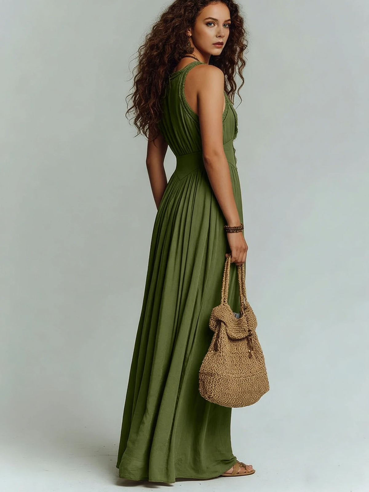 Women Deep V‑Neck Sleeveless Waist Fitted Pleated Long Maxi Dress Vacation Leisure Daily Outfit