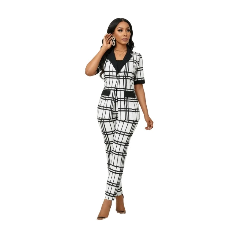 Women Lapel Short Sleeve Blazer + High Waist Plaid Slim Pants Set Button Front Business For Office Party Occasion