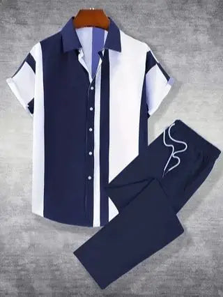 Men Printed Polyester Short Sleeve Shirt And Pants Matching Set