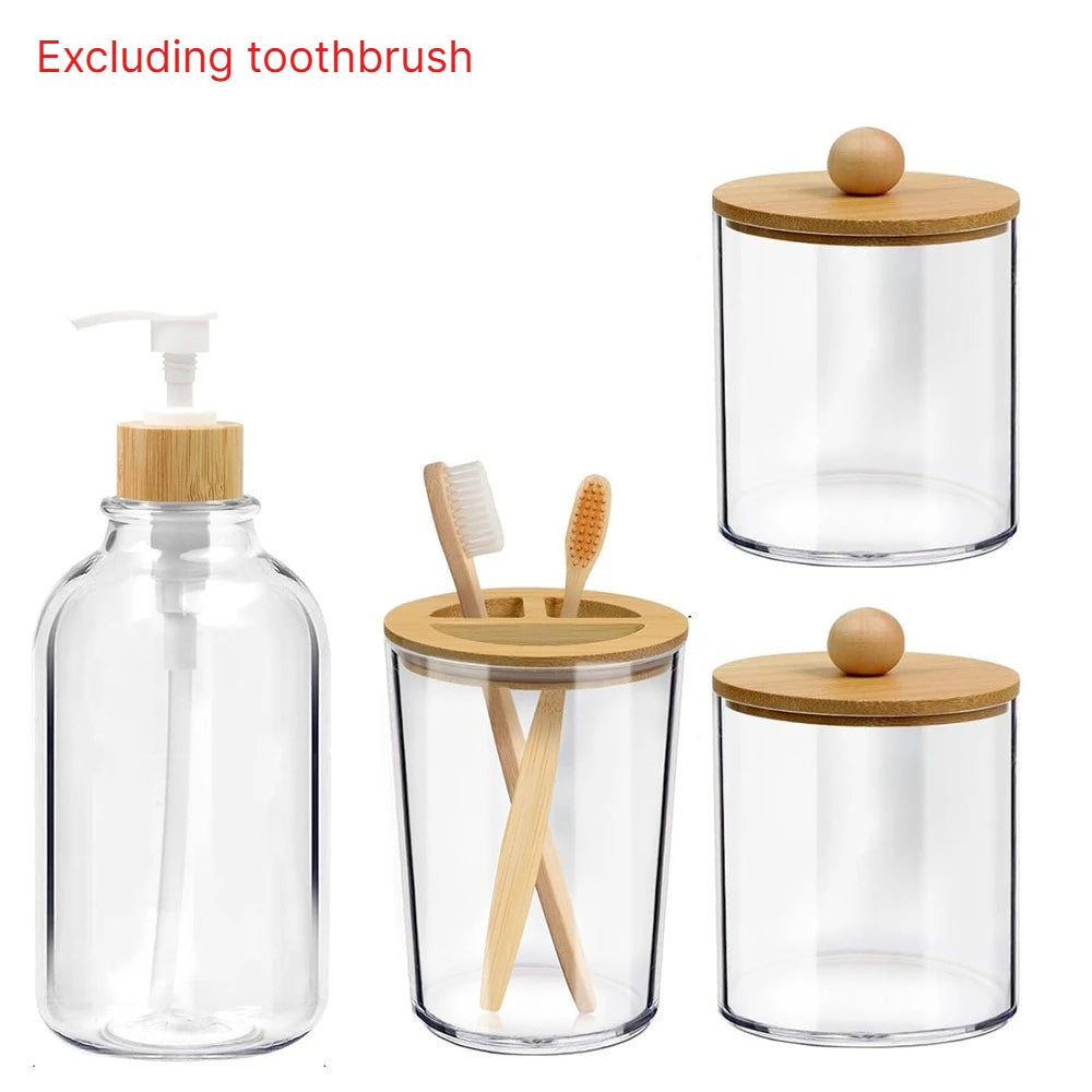 4Pcs Bamboo Bathroom Accessories Set, Clear Toothbrush Holder Plastic Soap Dispenser and 2 Qtip Holder Cotton Swab/Pad/Ball Container Jar