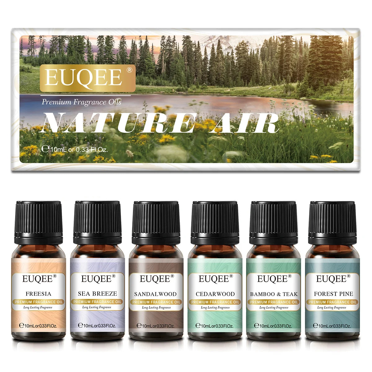 EUQEE 6 Bottle Fragrance Oils Gift Set For Soap Candle Making -10ml Freesia,Sea Breeze,Sandalwood,Cedarwood,Bamboo & Teak,Forest Pine Aroma Oil