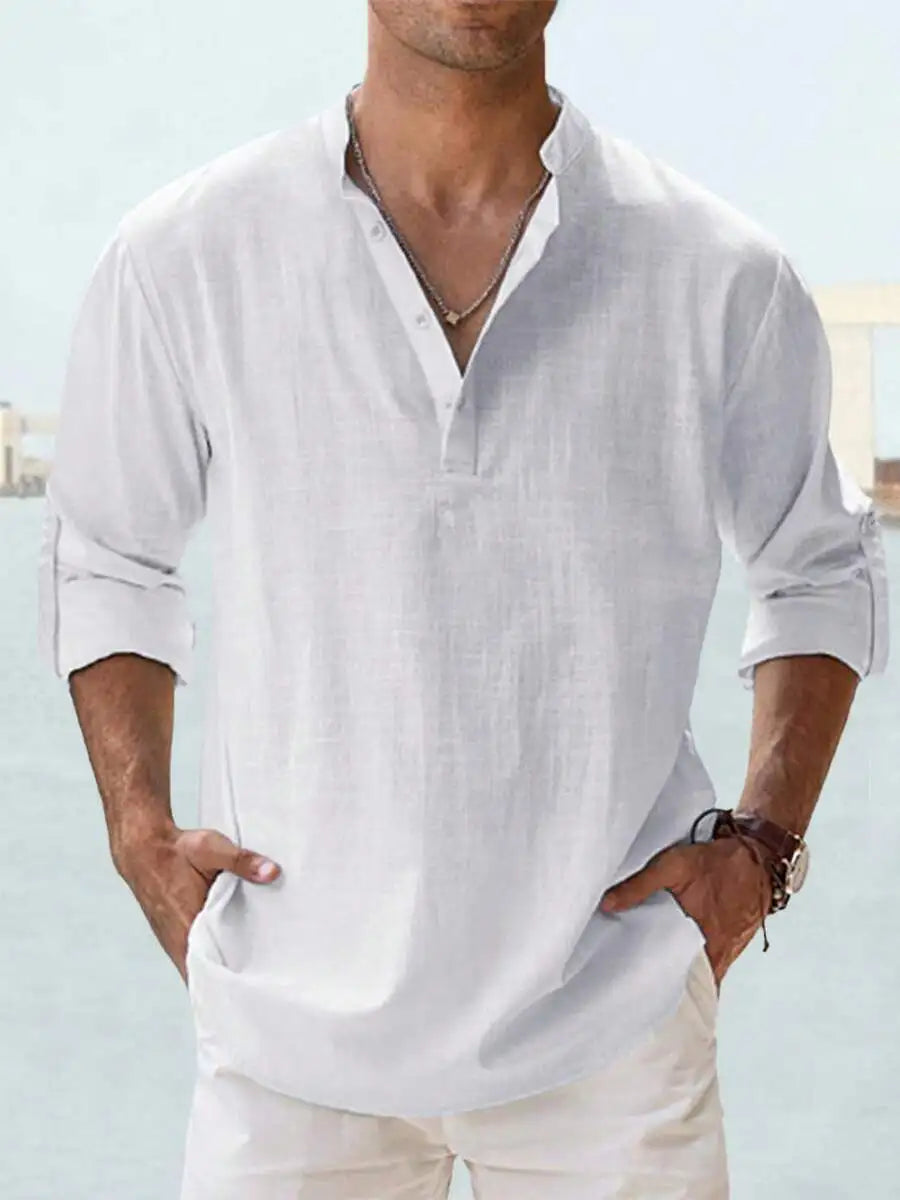 Mens 100% Cotton Stand Collar Long Sleeve Loose Fit Casual Shirt