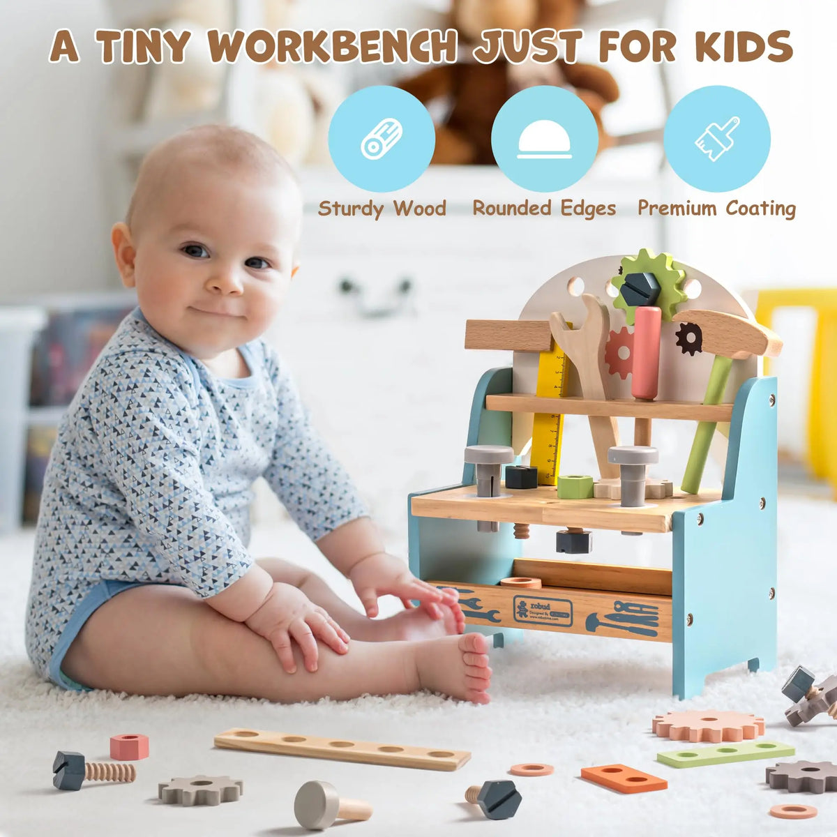 ROBUD Mini Wooden Play Tool Workbench Set Role Play Set Montessori Toys Ideal Birthday Gift for 3+ Years Old Boys Girls