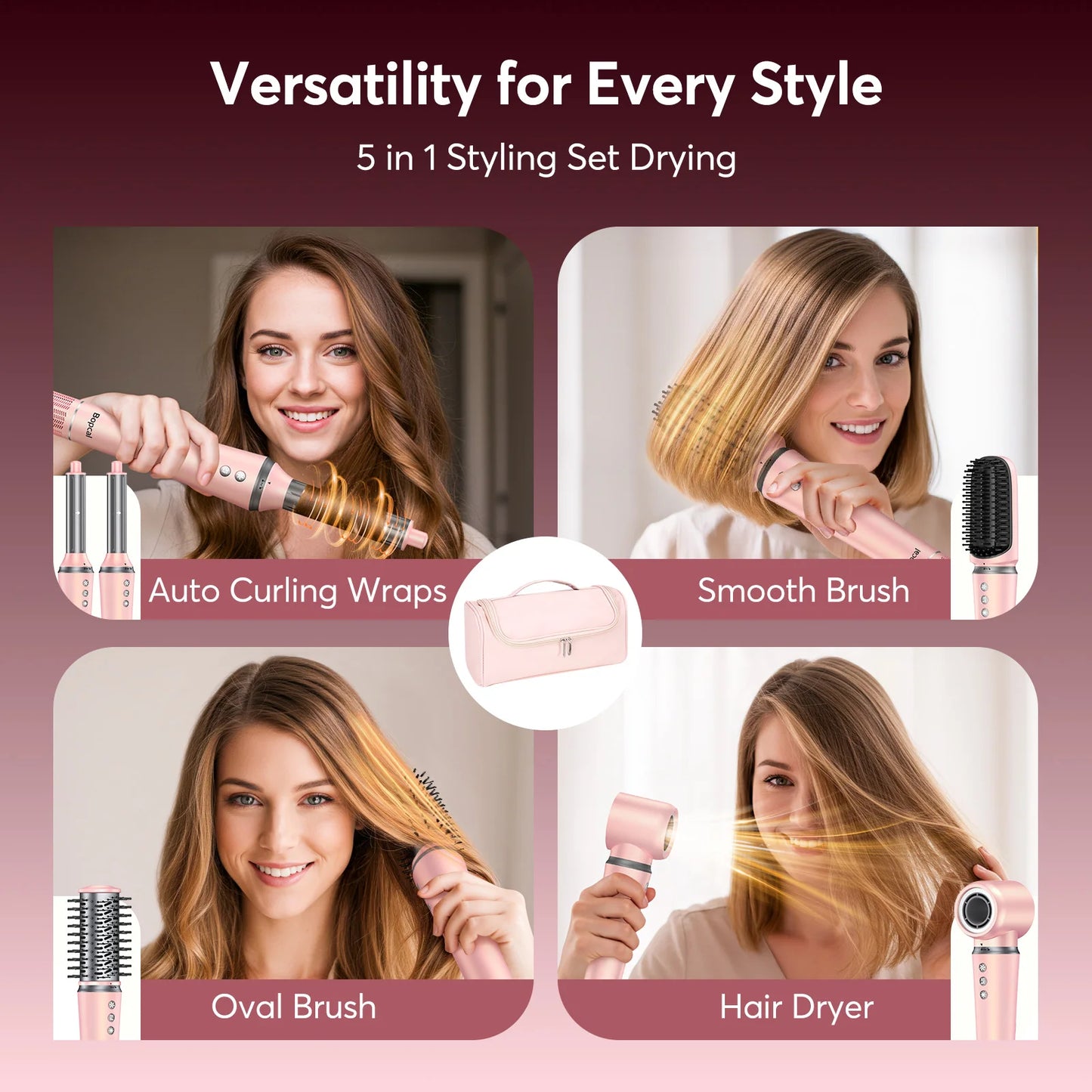 LYSMOSKI 5 In 1 High Speed Hot Air Styler Frizz Free Hair Dryer Travel Bag