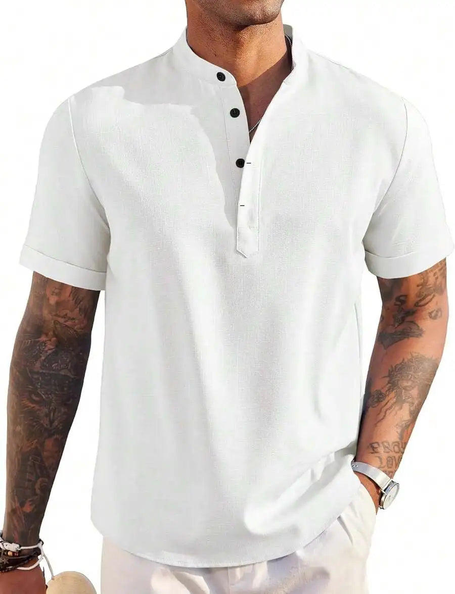 Mens Linen Henley Shirt Short Sleeve Casual Summer Beach Top