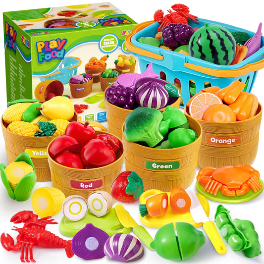 Joyfy 60 pcs Play Food Set for Kids Kitchen, Color Sorting Toy Food for Boys Girls Pretend Play Fake Food Toy for Toddlers