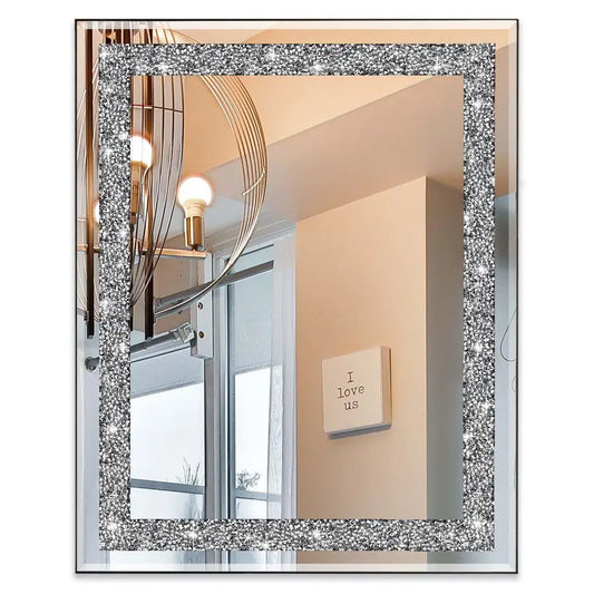 Rectangular Wall Mirror With Crystal Diamond Accents For Bathroom