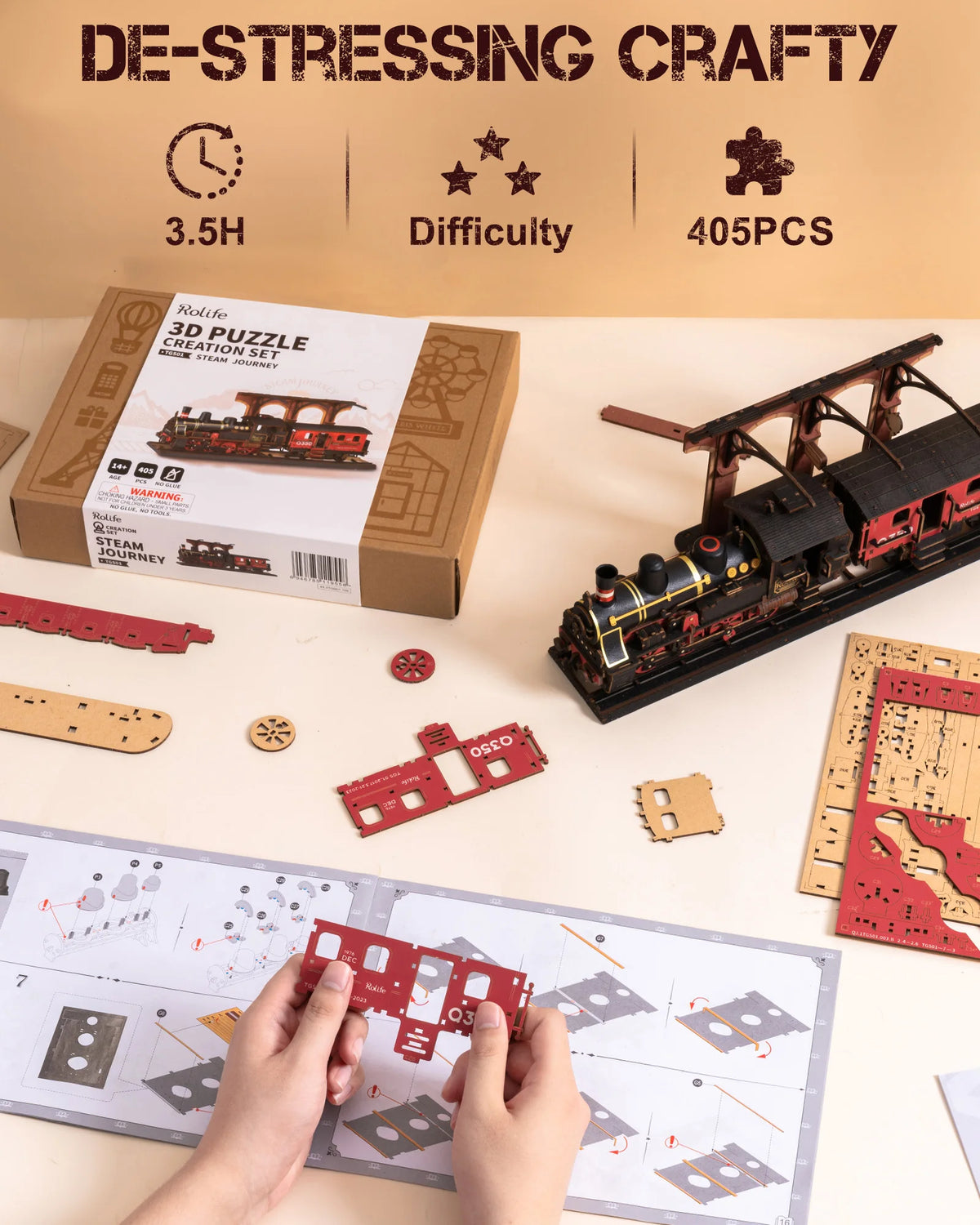 Robotime Steam Train Model Kits 3D Wooden Puzzles Home Decor Craft Gifts for Adults Men Boys Girls