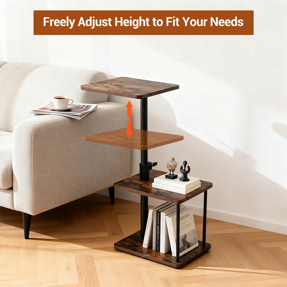 Adjustable Height 360° Swivel C Shaped Side Table With 3 Tier Storage, Space Saving Sofa Bed Laptop Table, Home Office Bedroom