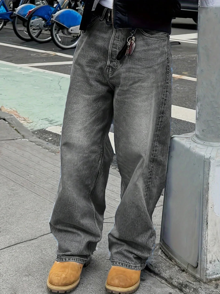 Men's Anime Spring Casual Solid Color Jeans with Star Patches And Pockets for School