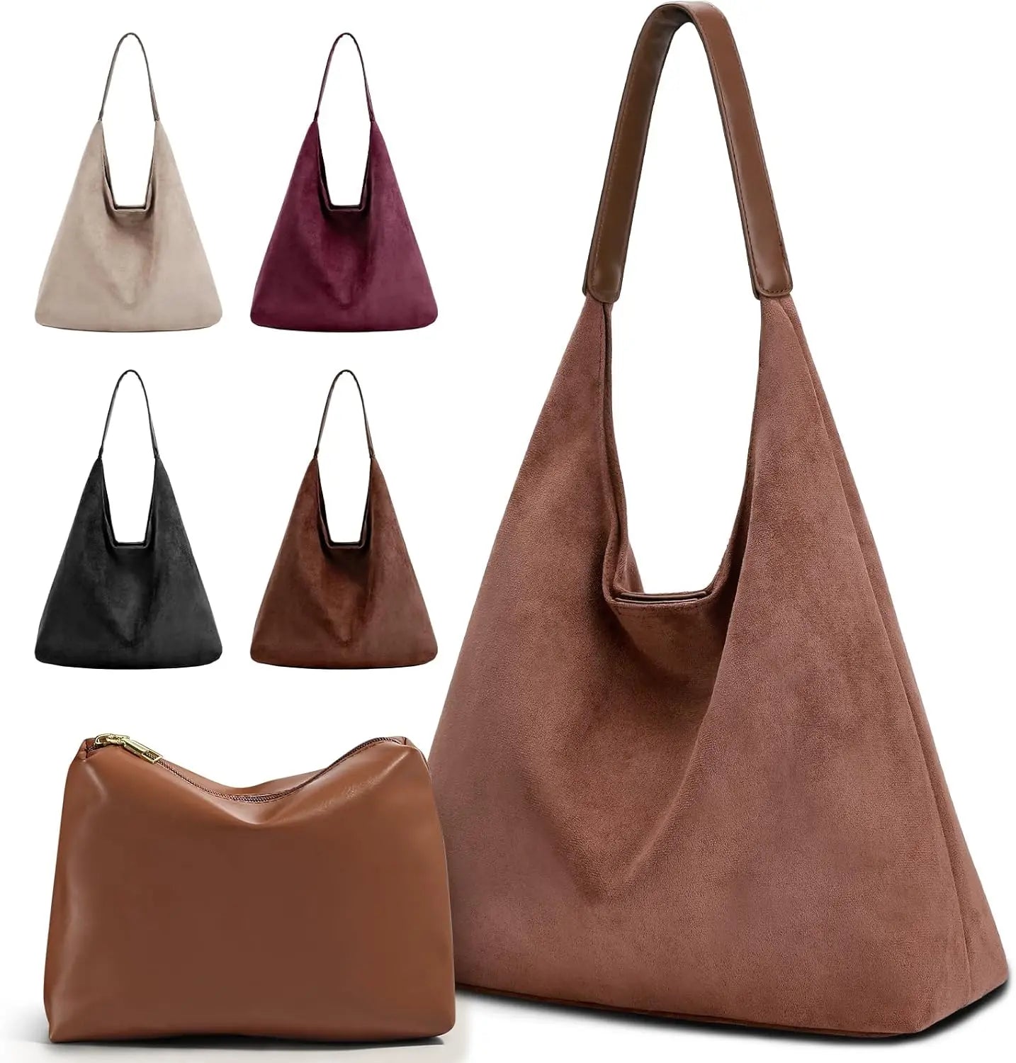 Vintage Suede Tote Bag For Women With Zippered Cosmetic Organizer
