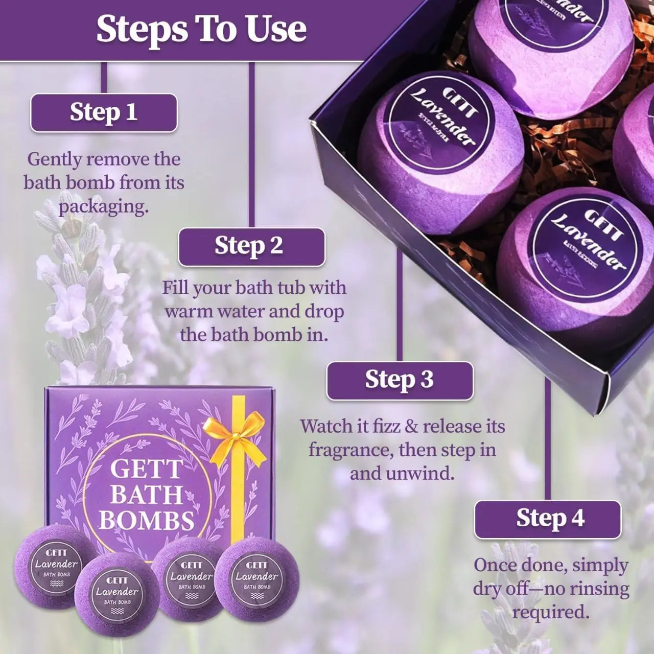 Lavender Bath Bombs 4 Pack Individually Wrapped – Aromatherapy Essential Oils, Moisturizing Spa Gift Set for Women, Relaxing