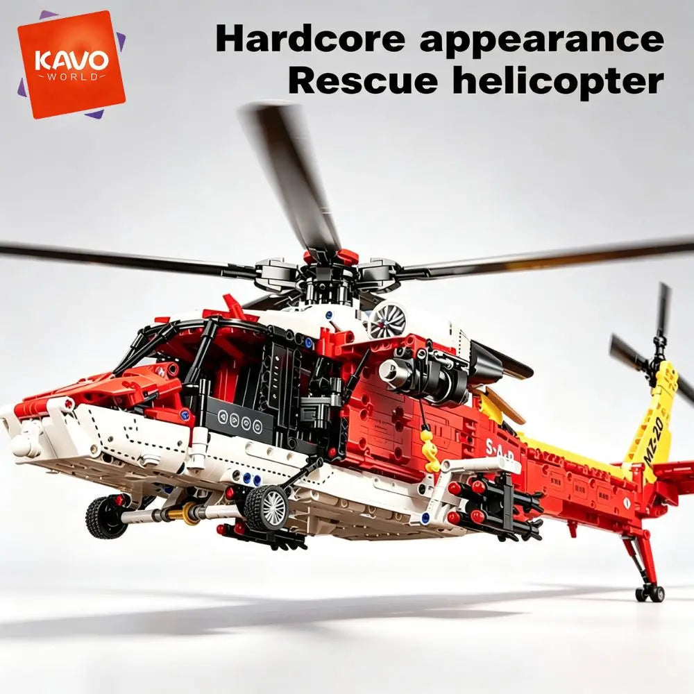KAVOWORLD 1528pcs Large SAR Rescue Helicopter Building Blocks Red Armed Military Aircraft Model Kit Search and Rescue Chopper Construction Toy Manual Rotating Rotor Winch Hook, Emergency Air Ambulance Bricks for Adult Home Di