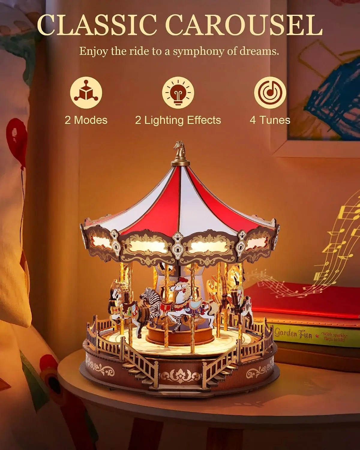Robotime 3D Wooden Puzzle Carousel Music Box With LED Lights Gear Model Building Construction Craft Kits Xmas Gifts for Adult