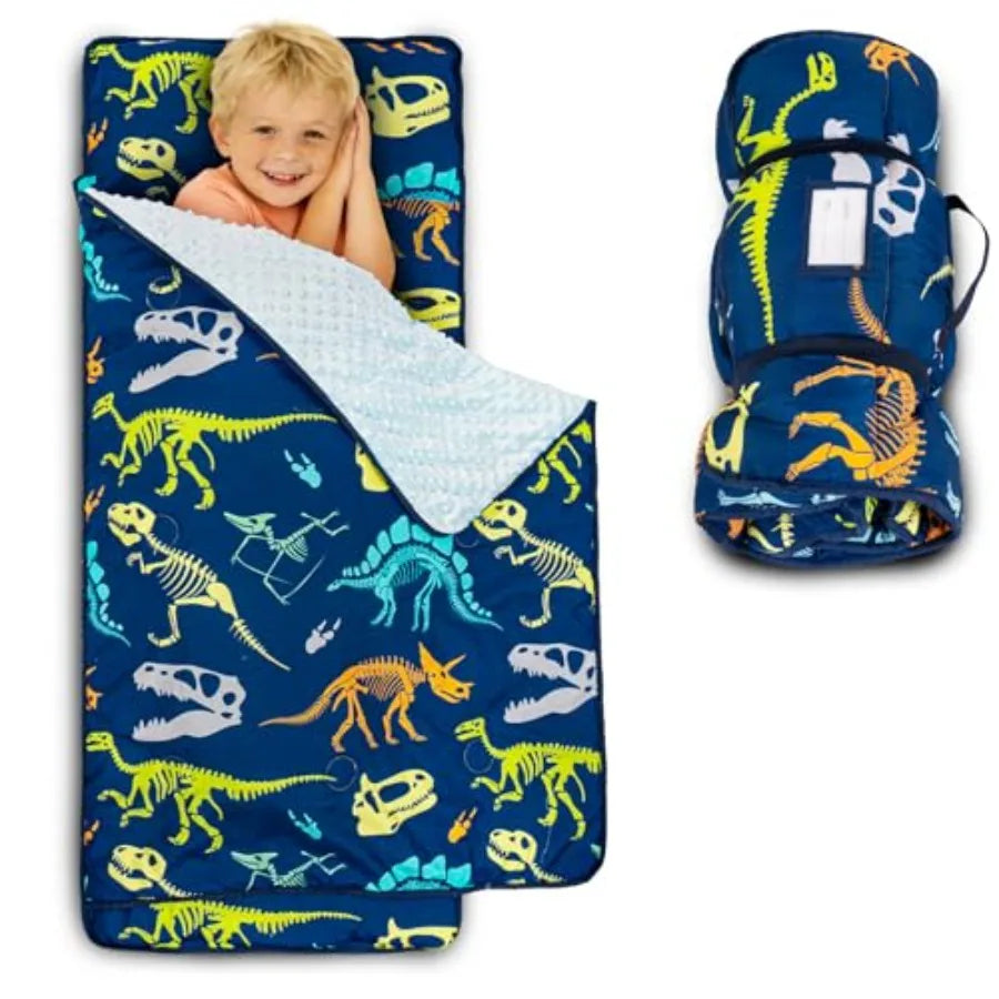 Toddler Nap Mat with Pillow and Minky Blanket Large 55"x38" Sleeping Bag Washable Lightweight Easy to Roll Perfect for Preschoo