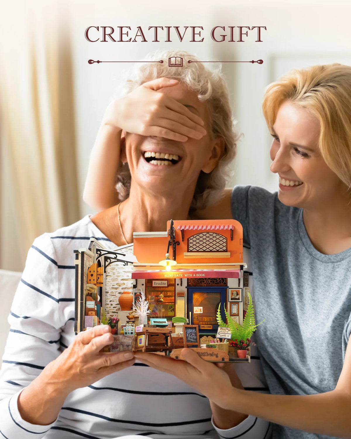 Rolife Wooden Dollhouse 3D Puzzle Toys Corner Bookstore DIY Miniature House Model Building Kit with LED Light for Home Decor Birthday Gift for Adults Friends