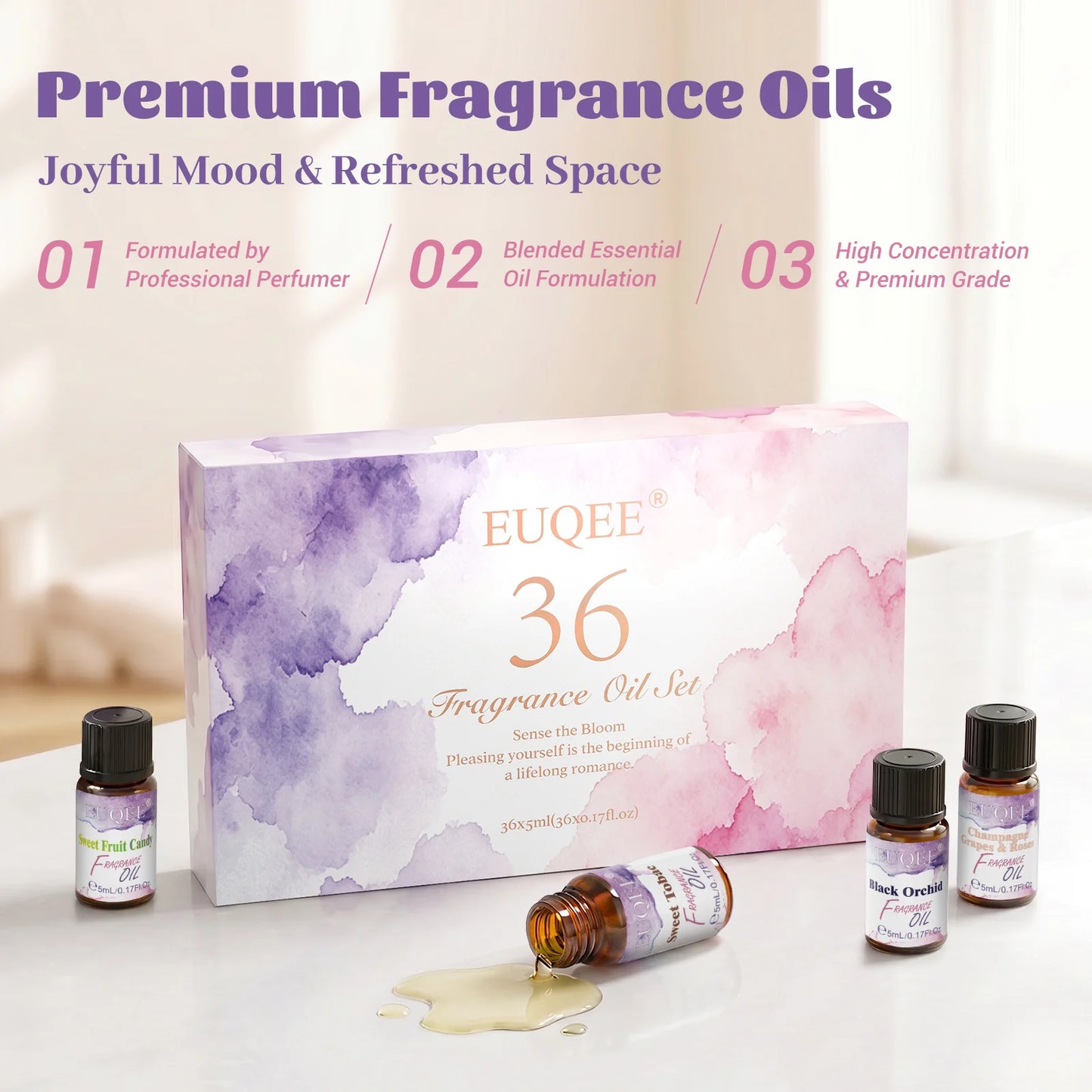 EUQEE 36 Bottles Fragrance Oils Gift Set-5ml Strawberry Cherry Peach Mango Coconut & Vanilla Coconut Fragrance Oil 36pcs/set Aroma Oils For Diffuser Candle Making