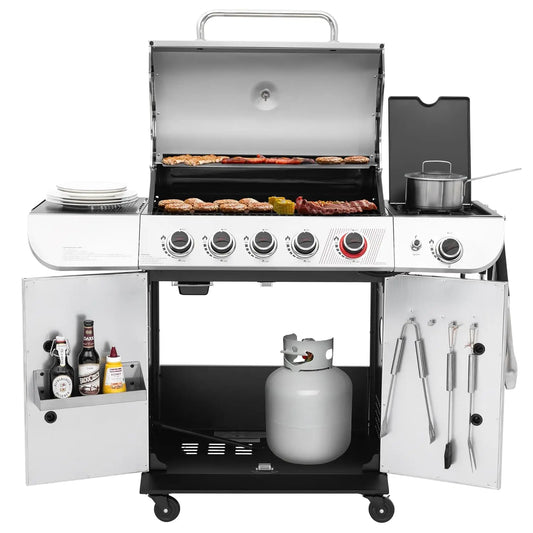 Five Burner Gas Grill With Sear And Side Burner Stainless Cabinet 61000 BTU