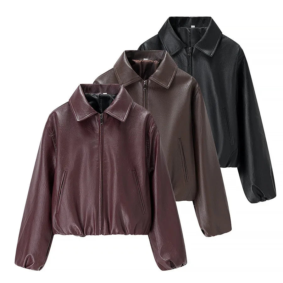 Women's Relaxed Leather Jacket With Long Sleeves And Turn-Down Collar