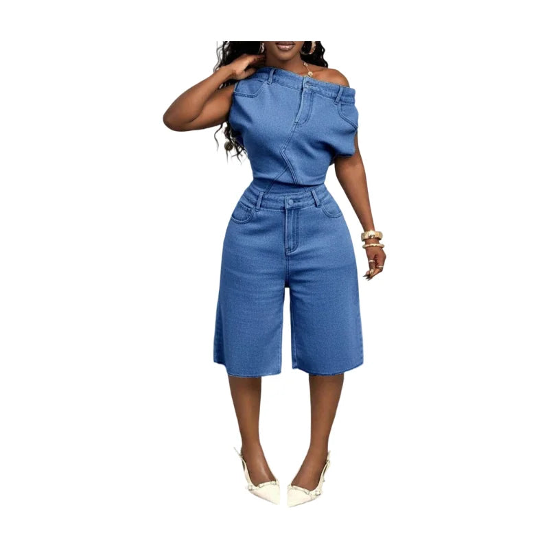 Women's Off Shoulder Sleeveless Fitted Top Matching Loose Knee Length Shorts For Street Daily Weekend Urban Casual Fashion Occasions