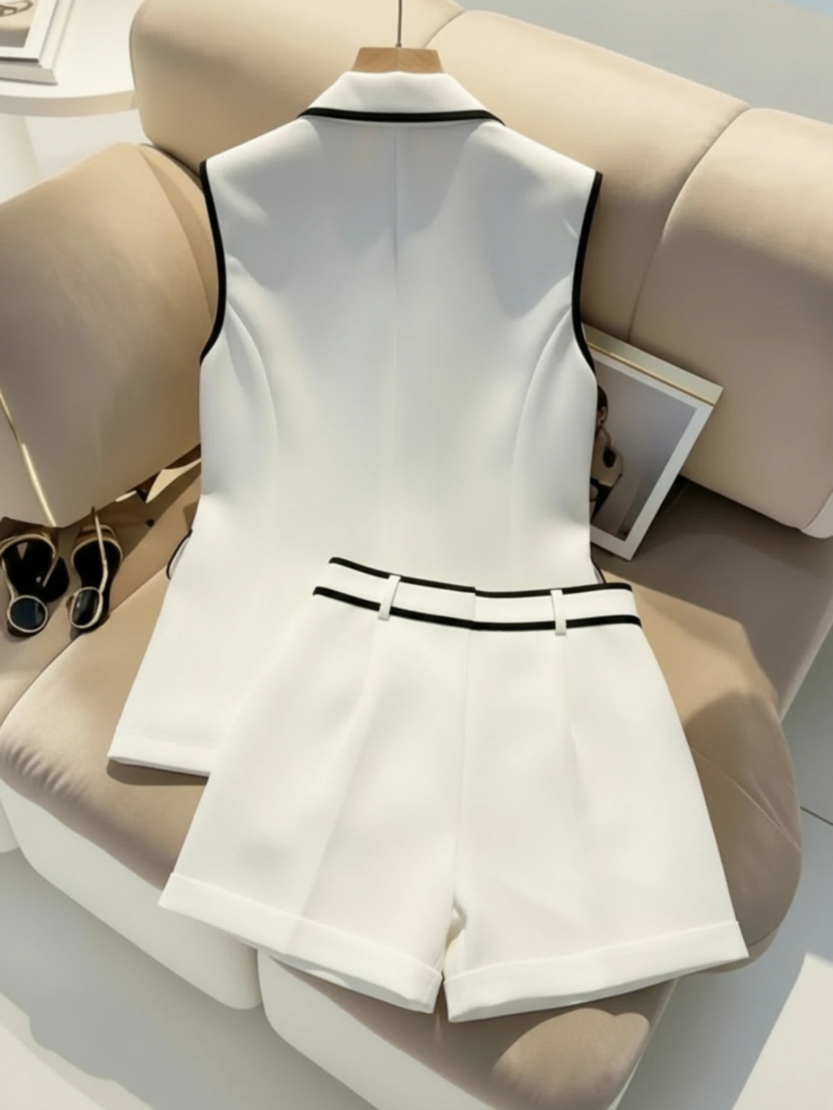 Women Sleeveless Lapel Contrast Trim Waistcoat High Waist Shorts Two‑Piece Business Wedding‑Guest Party Suit