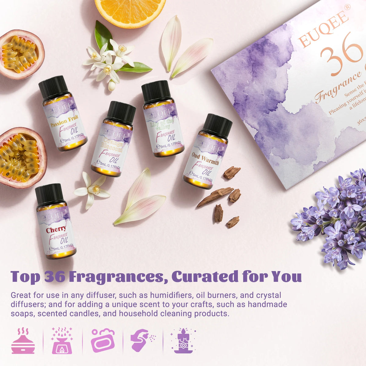 EUQEE 36 Bottles Fragrance Oils Gift Set-5ml Strawberry Cherry Peach Mango Coconut & Vanilla Coconut Fragrance Oil 36pcs/set Aroma Oils For Diffuser Candle Making