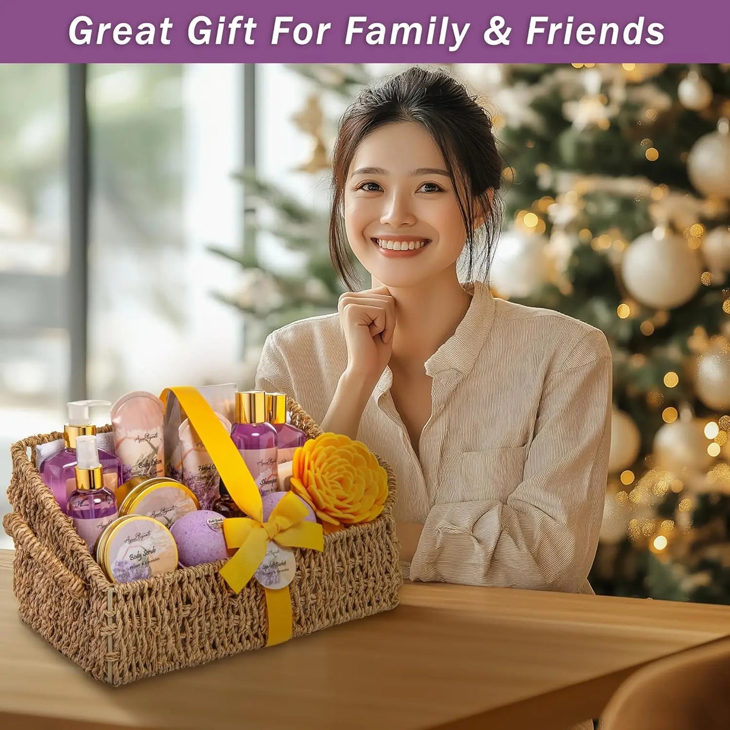 Luxury Bath Spa Gift Set with Honey Lavender - Wash, Bubble Bath, Lotion, Salts, Scrub, Spray, Puff, Bombs, Soap & Towel