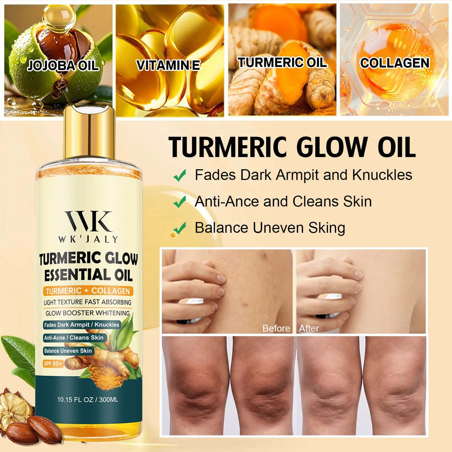 WK JALY Lightening Body Oil, Deeply Moisturizing, Hydration, Smooth Skin, Reduce Spots, Melanin, for Dark, Black, Caramel Skin