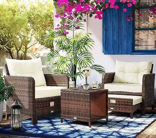 5 Pieces Patio Furniture Set, Rattan Balcony Furniture with Ottomans, PE Wicker Outdoor Patio Chairs Set with Coffee