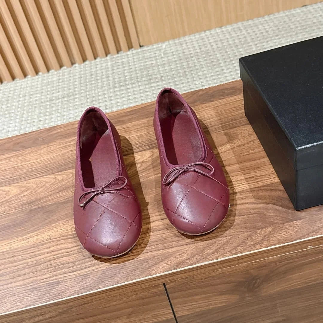 2026 Spring Women's Leather Flat Bow Ballet Flats - Women's Comfortable and Elegant Slender-Feet Single Shoes