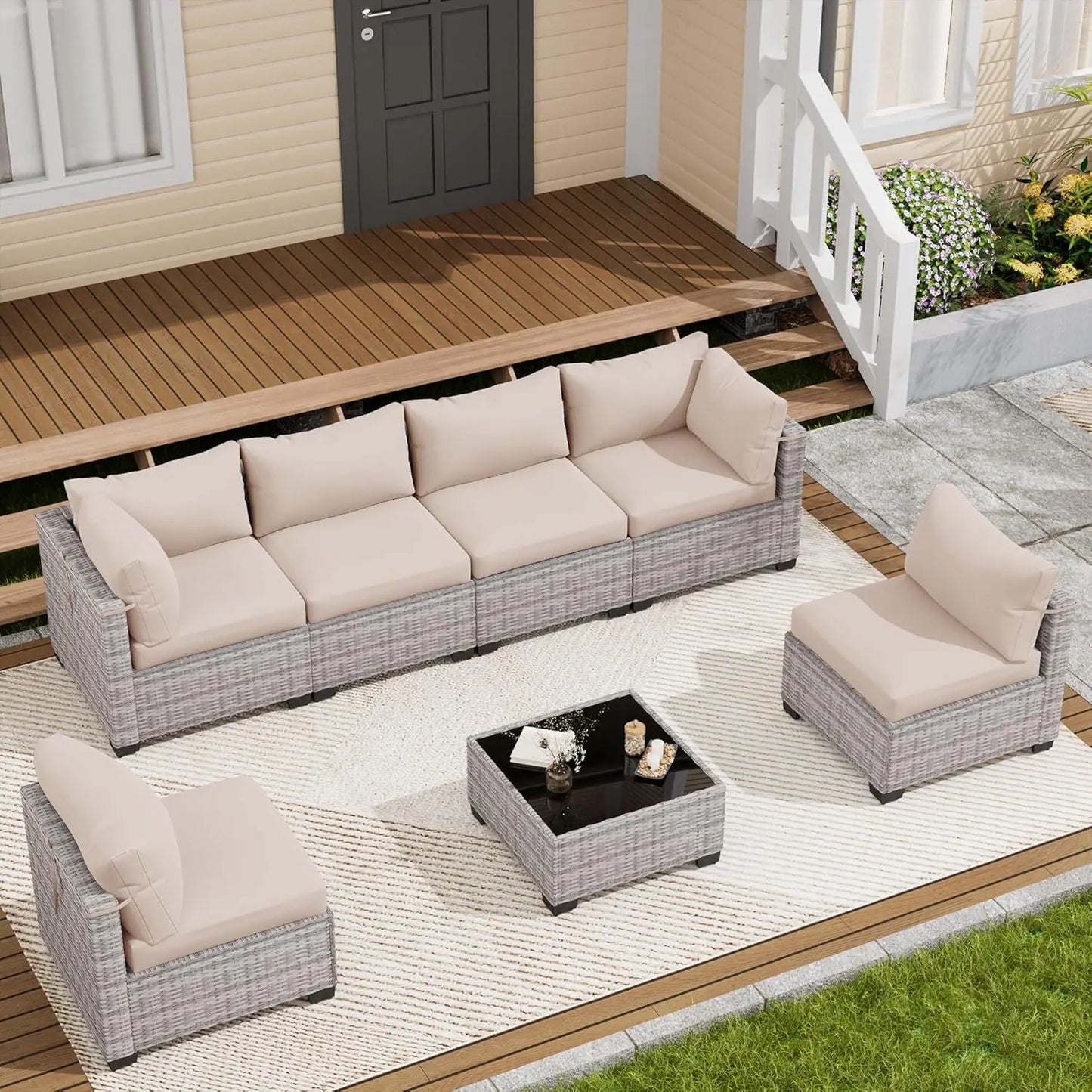 7 Piece Outdoor Patio Furniture Set, Outdoor Sectional Sofa, Wicker Rattan Patio Furniture, Patio Conversation Set with, Custom
