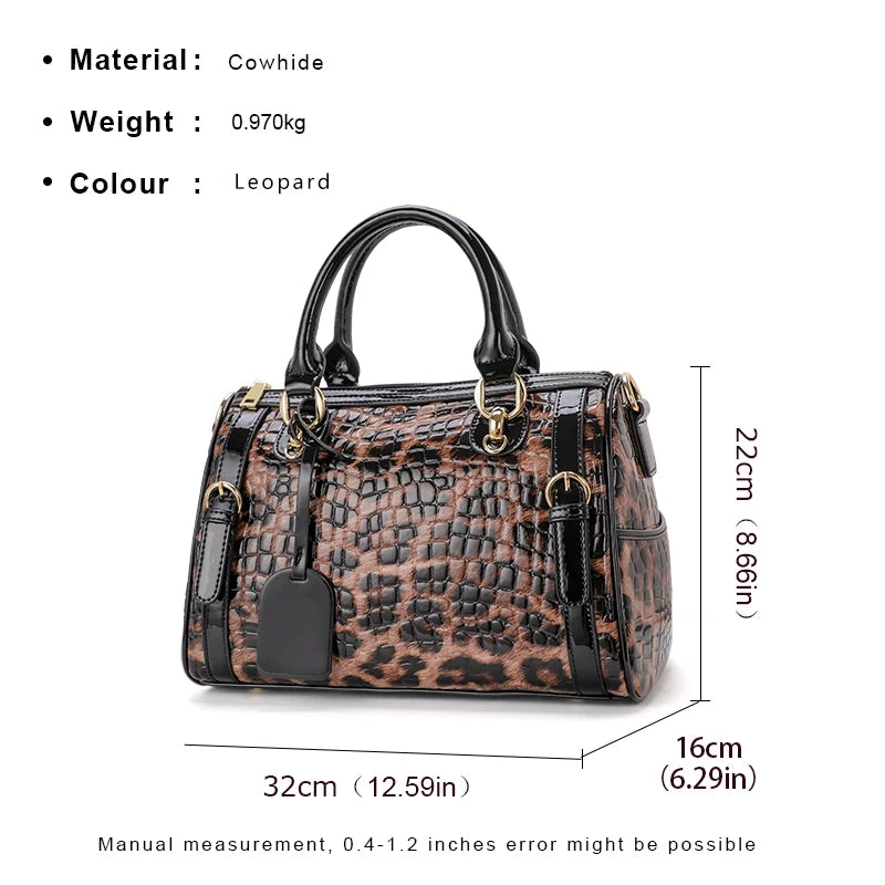 Aidrani Women Leopard Print Cowhide Handbag With Large Capacity
