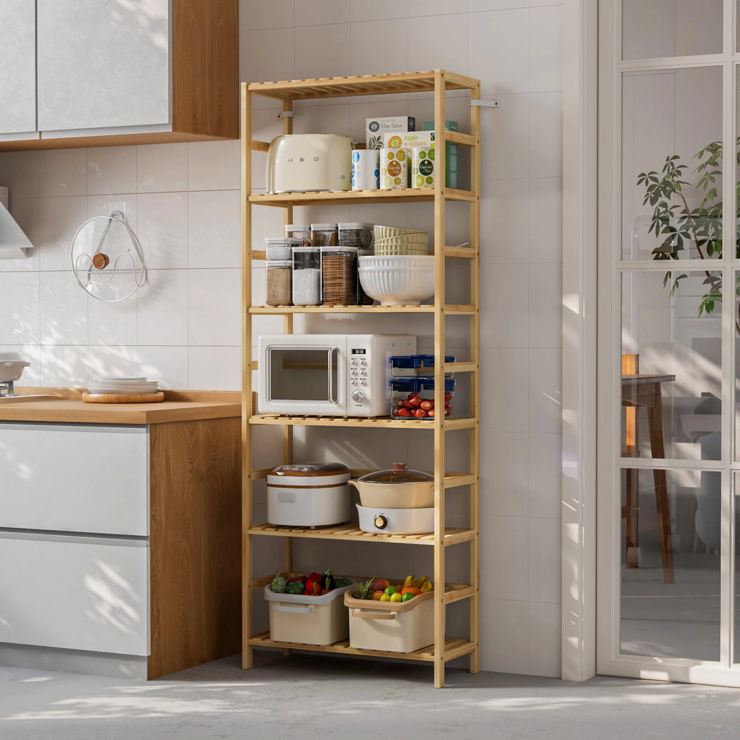 Six Tier Bamboo Bookshelf Free Standing Flower Rack Adjustable Shelves