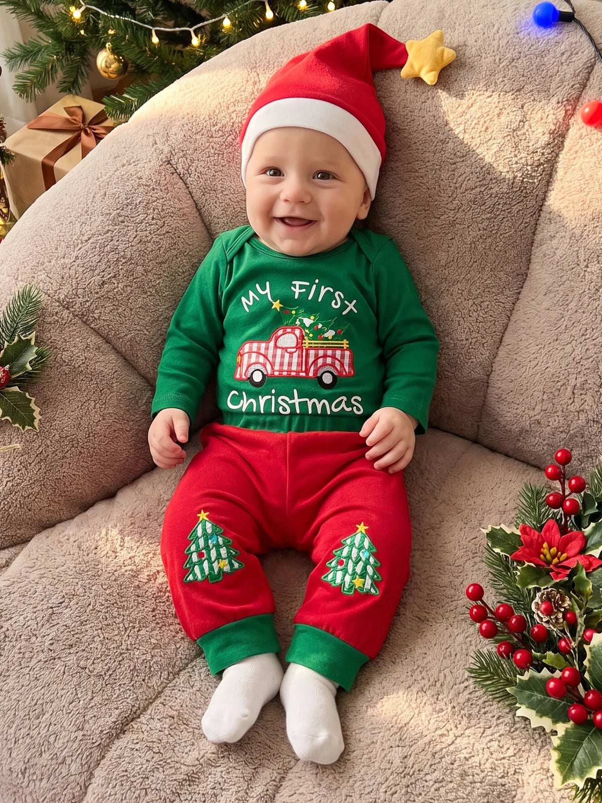 Neck Long Outfit Romper Pants Crew Sleeve Romper Hat 3 3 Pcs Set Crew Neck Top Rated Baby Christmas Outfit